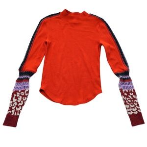 Free People Thermal Top Small Red Embroidered Sleeve Boho Statement
